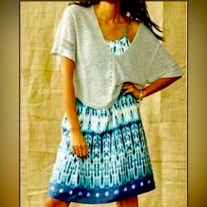 Grey Top and Blue Patterned Midi Dress - Casual Women's Dress